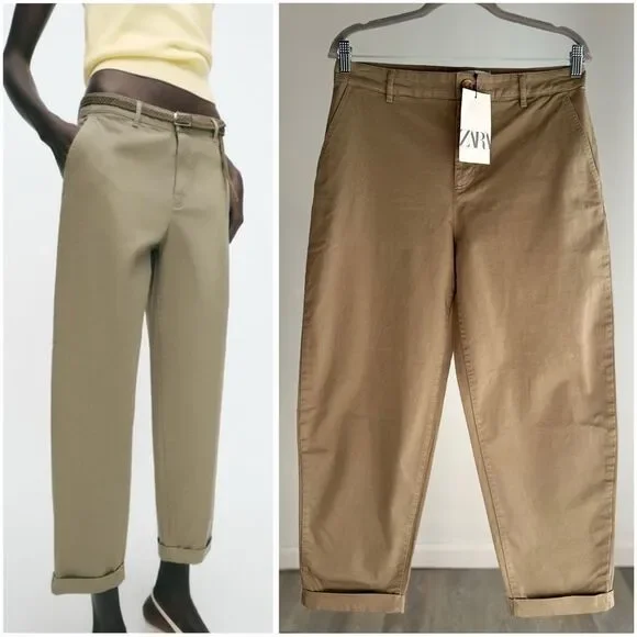 ZARA CHINO PANTS LIGHT KHAKI GREEN - Picture 2 of 3